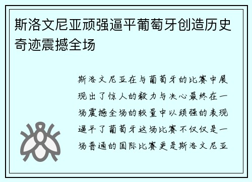 斯洛文尼亚顽强逼平葡萄牙创造历史奇迹震撼全场