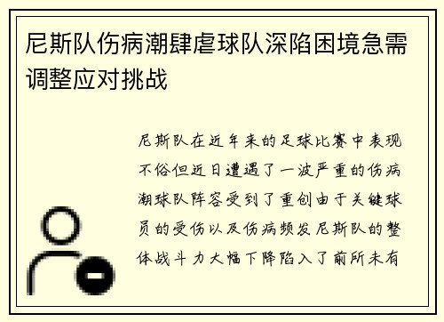 尼斯队伤病潮肆虐球队深陷困境急需调整应对挑战