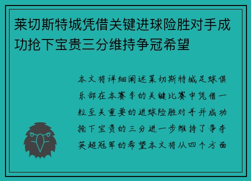 莱切斯特城凭借关键进球险胜对手成功抢下宝贵三分维持争冠希望
