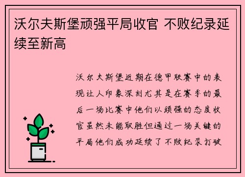 沃尔夫斯堡顽强平局收官 不败纪录延续至新高