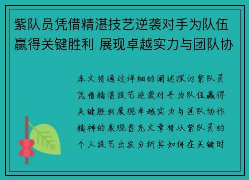 紫队员凭借精湛技艺逆袭对手为队伍赢得关键胜利 展现卓越实力与团队协作精神