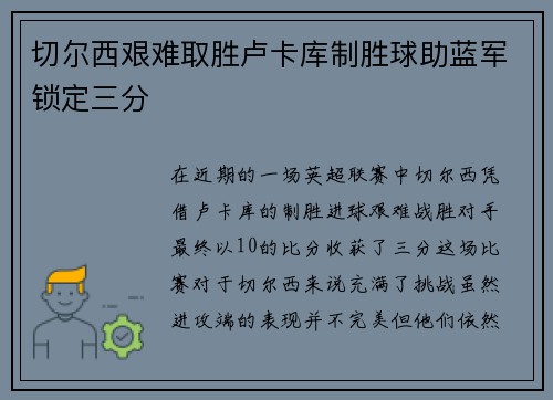 切尔西艰难取胜卢卡库制胜球助蓝军锁定三分