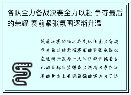 各队全力备战决赛全力以赴 争夺最后的荣耀 赛前紧张氛围逐渐升温