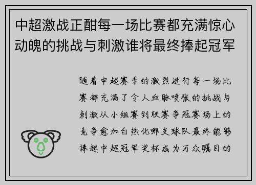 中超激战正酣每一场比赛都充满惊心动魄的挑战与刺激谁将最终捧起冠军奖杯