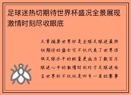 足球迷热切期待世界杯盛况全景展现激情时刻尽收眼底